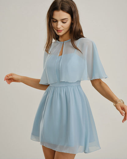 MINI VESTIDO AZUL DE GASA CON ESCOTE CORAZÓN