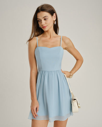 MINI VESTIDO AZUL DE GASA CON ESCOTE CORAZÓN